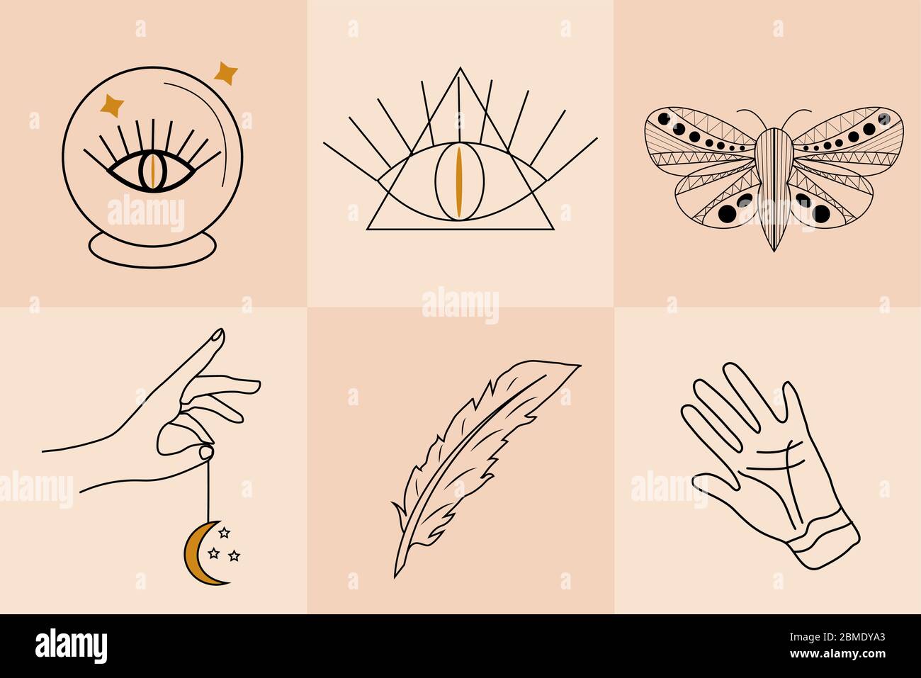 Magic Hand drawn, doodle, sketch line style set. Witchcraft symbols.Ethnic esoteric collection with hands, moon. Vector illustration Stock Vector