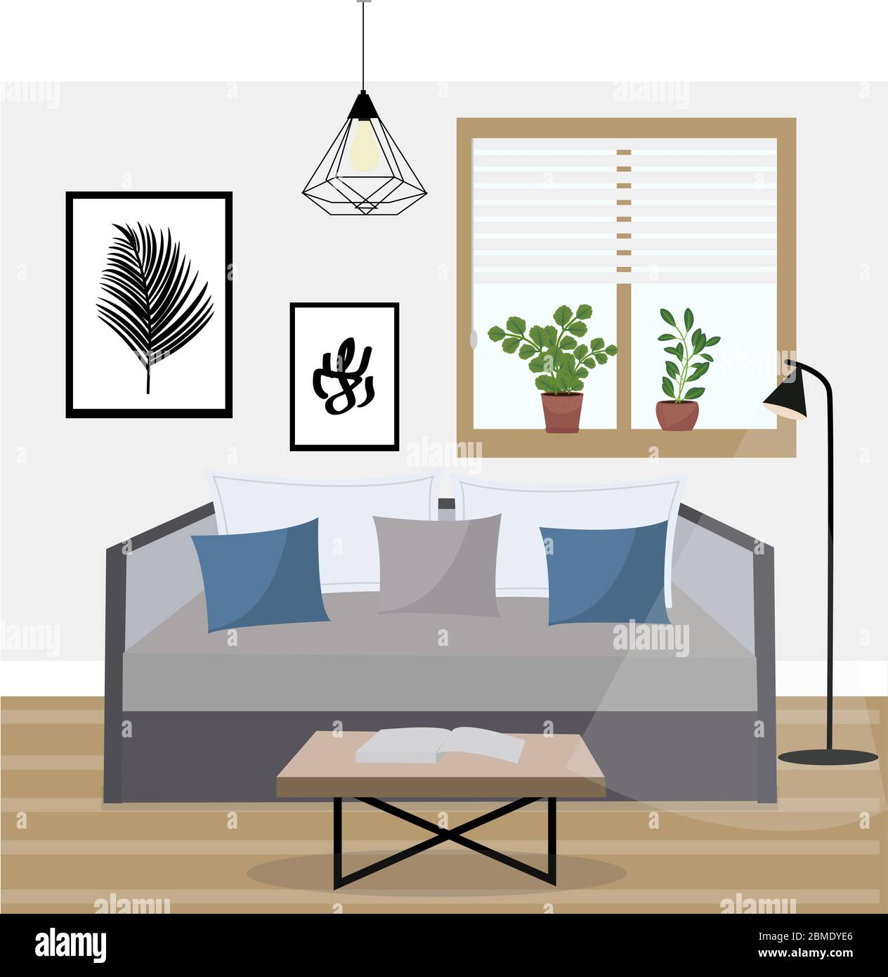 Interior of a living room studio with potted plants, modern apartment design. Vector illustration Stock Vector