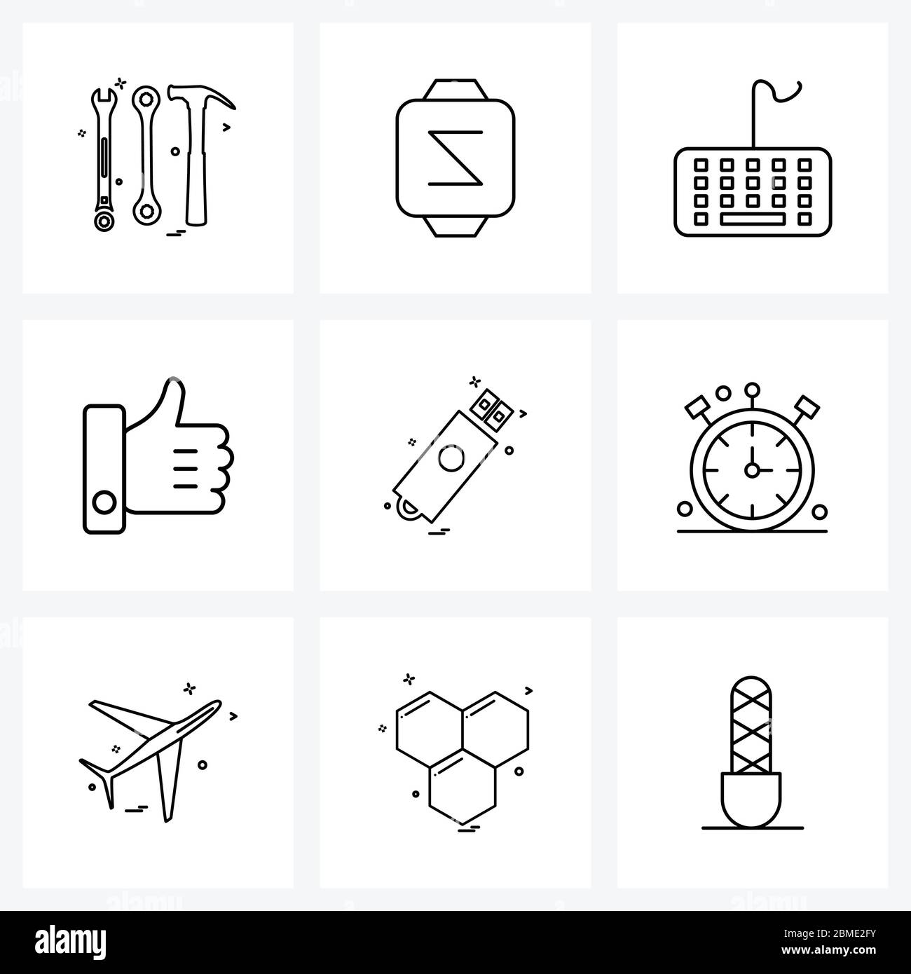 Set of 9 Modern Line Icons of clock, storage device, keys, usb, win Vector Illustration Stock