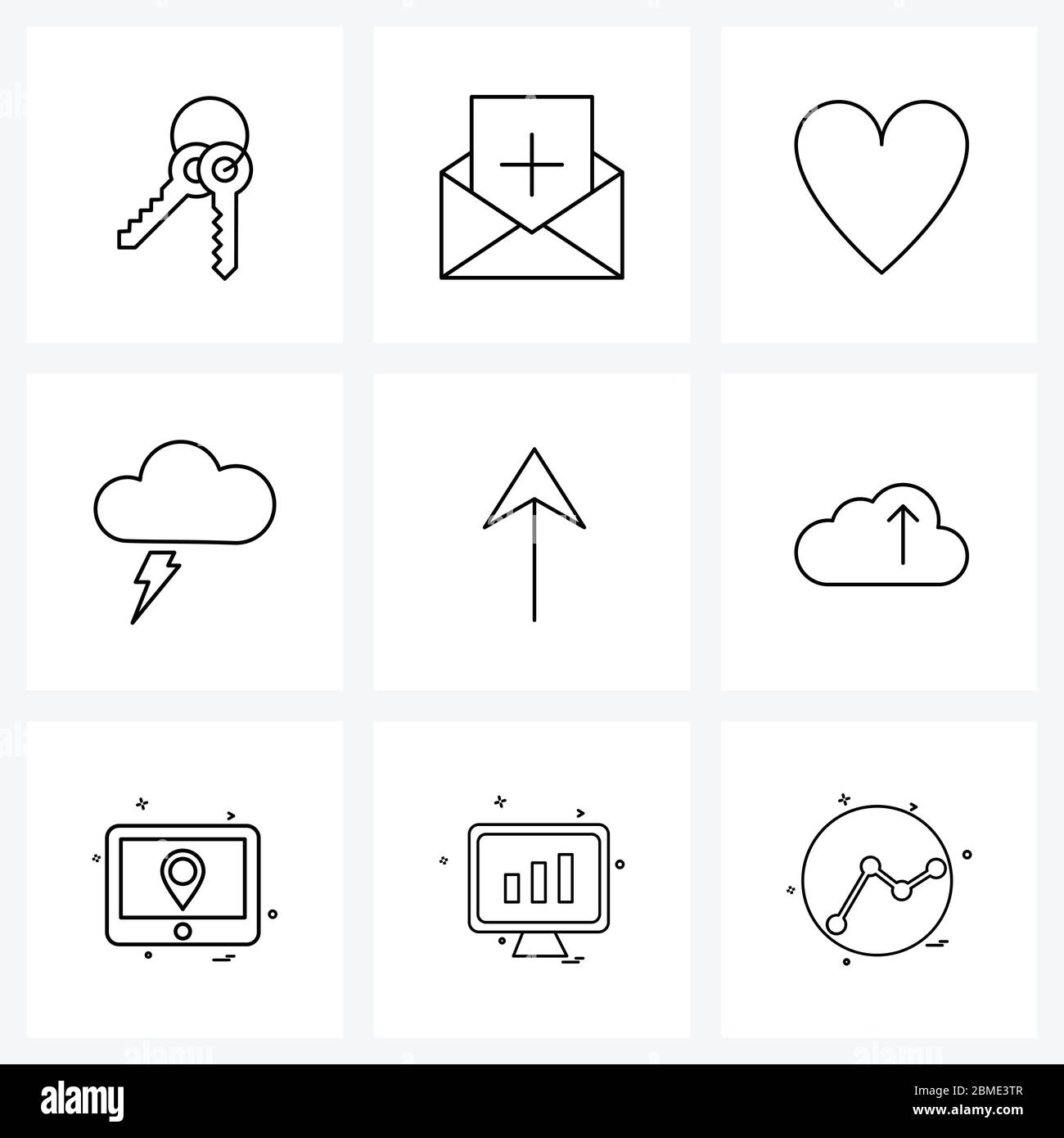 Line Icon Set of 9 Modern Symbols of arrow, upload, love, up, thunder Vector Illustration Stock Vector