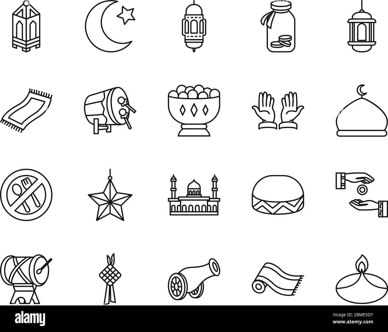 prayer rug and Eid mubarak icon set over white background, line style ...