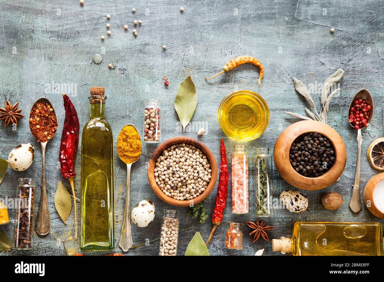 Herbs and spices on grunge background Stock Photo
