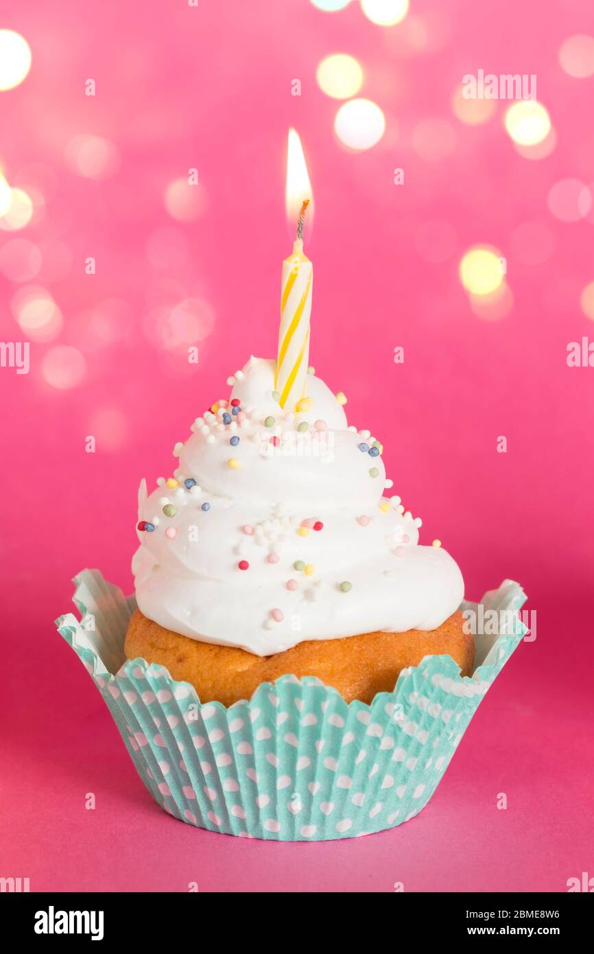 Birthday cup cake with the burning candle Stock Photo