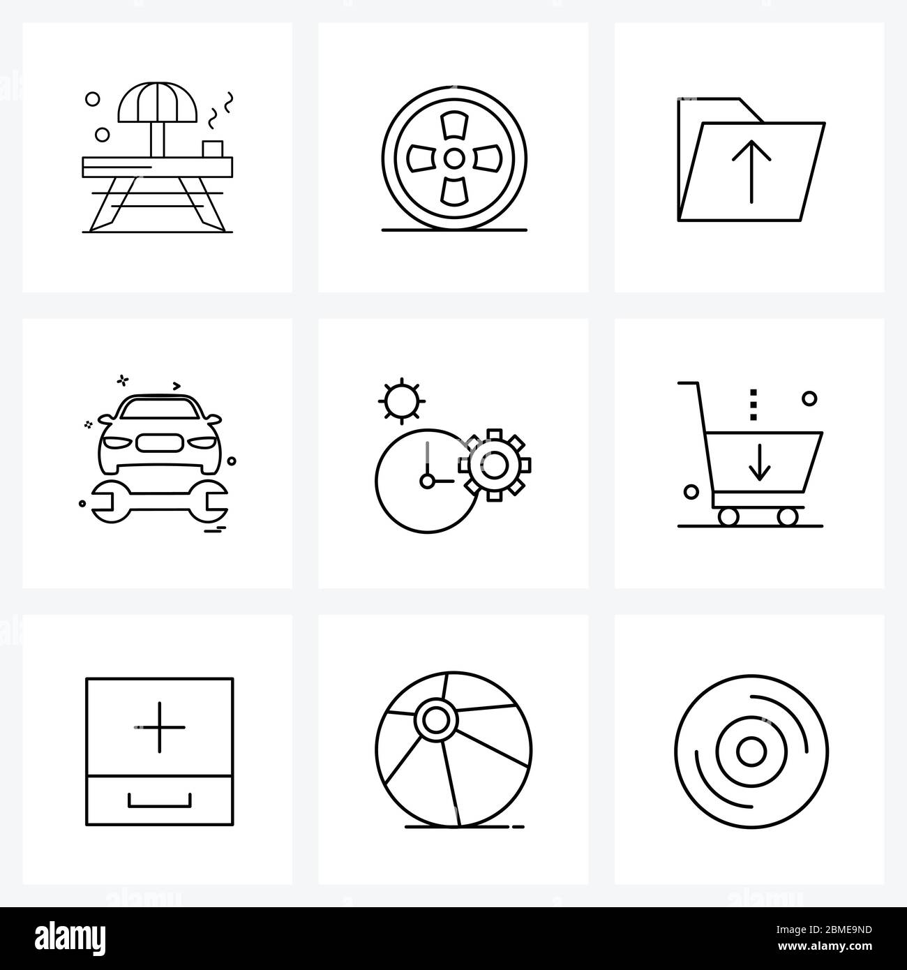 Pack of 9 Universal Line Icons for  Applications schedule, clock, files, wrench, hardware