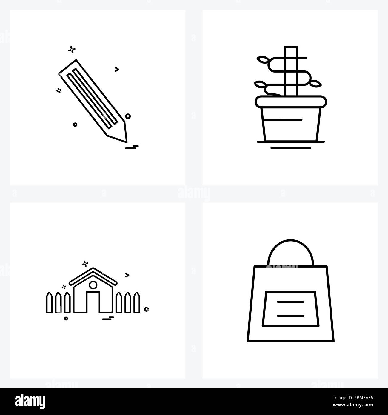 Set of 4 Line Icon Signs and Symbols of pen, home, writing, pot, house