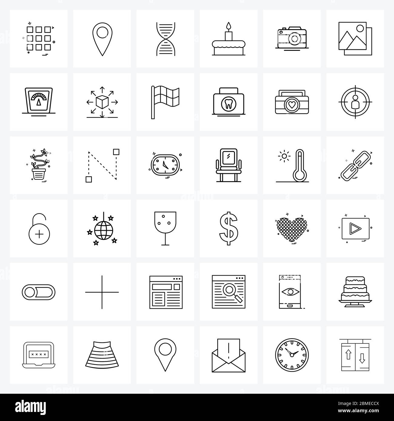 36 Universal Line Icon Pixel Perfect Symbols of photo, camera, genetics, party, celebration Vector Illustration Stock Vector
