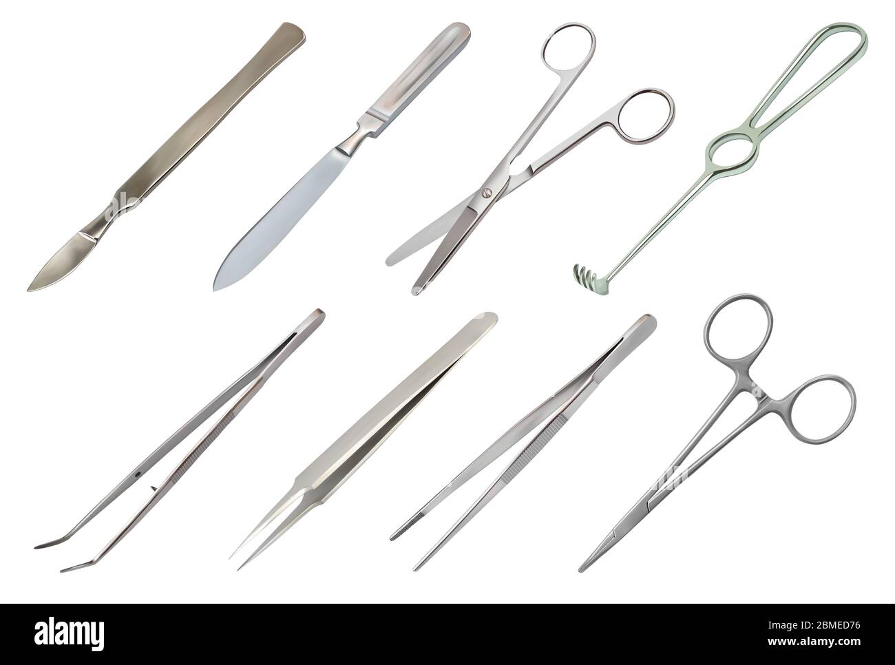 Set of surgical instruments. Different types of tweezers, all-metal ...