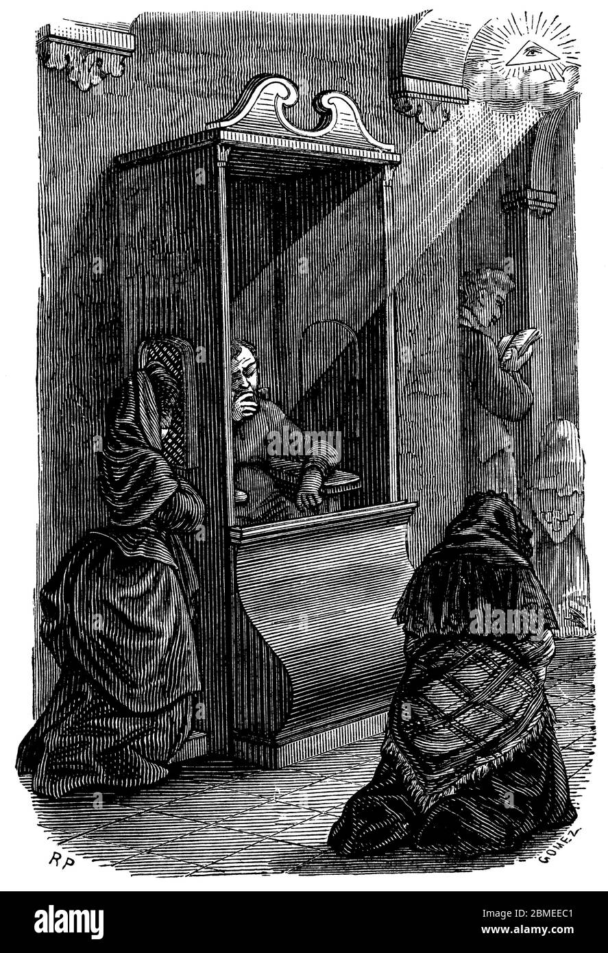 Los Sacramentos de la religión cristiana. Una mujer arrodillada ante el confesionario pide al sacerdote el perdón de sus pecados. Grabado de 1873. Stock Photo