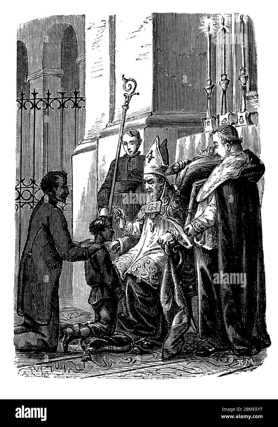 Los Sacramentos de la religión cristiana. Un niño recibe el sacramento de la confirmación de manos del obispo. Grabado de 1873. Stock Photo