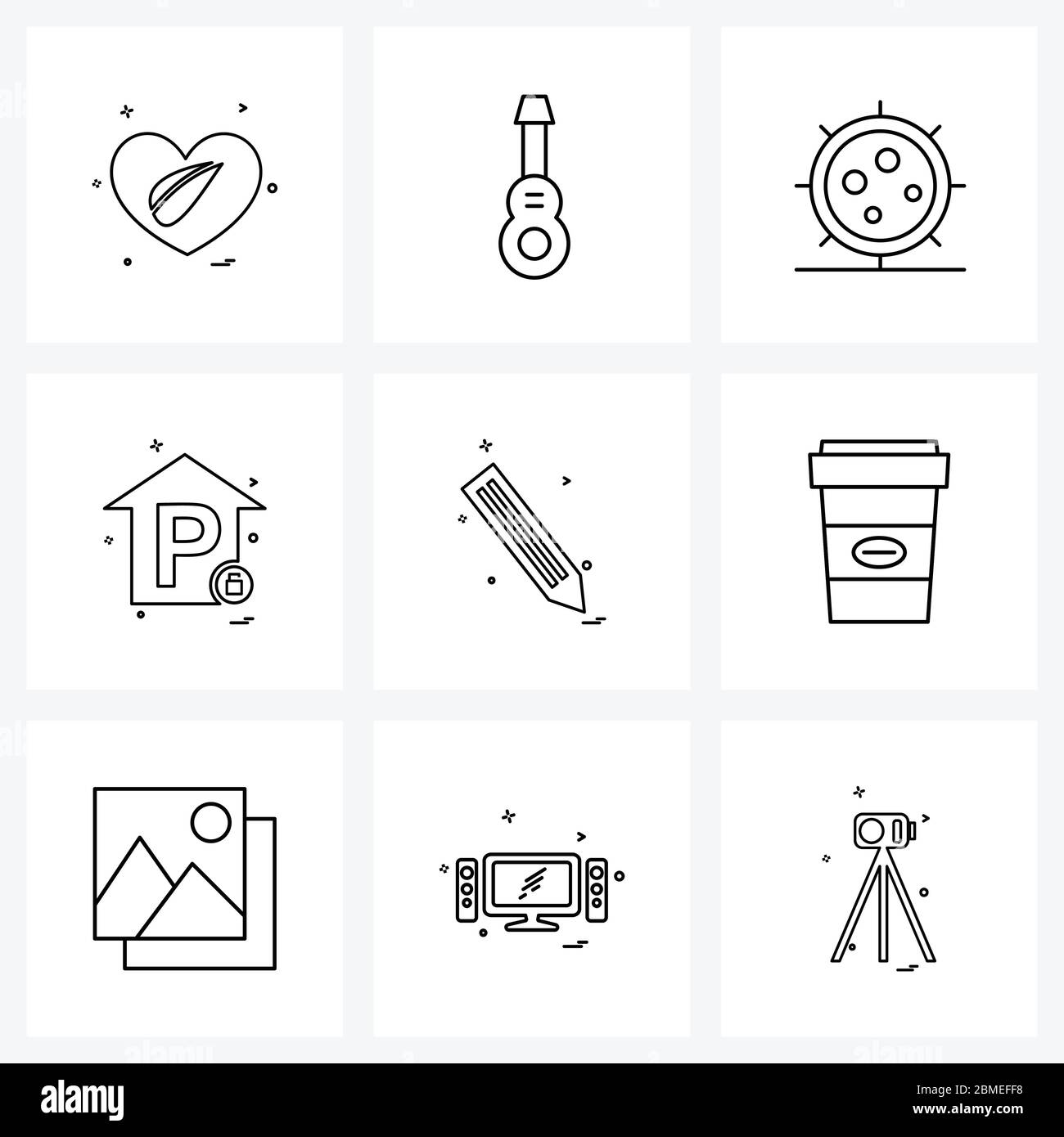 Set of 9 Simple Line Icons for Web and Print such as writing, pencil, molecule, pen, hut Vector Illustration Stock Vector