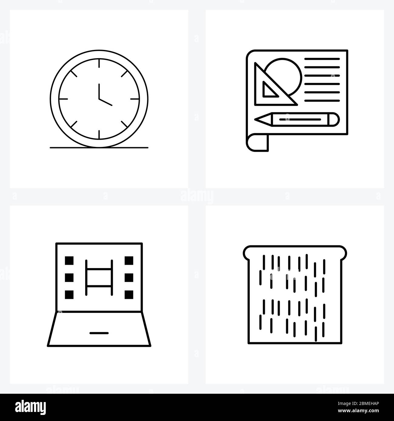 Set of 4 Simple Line Icons of clock, notebook, Friday, draft, breakfast ...