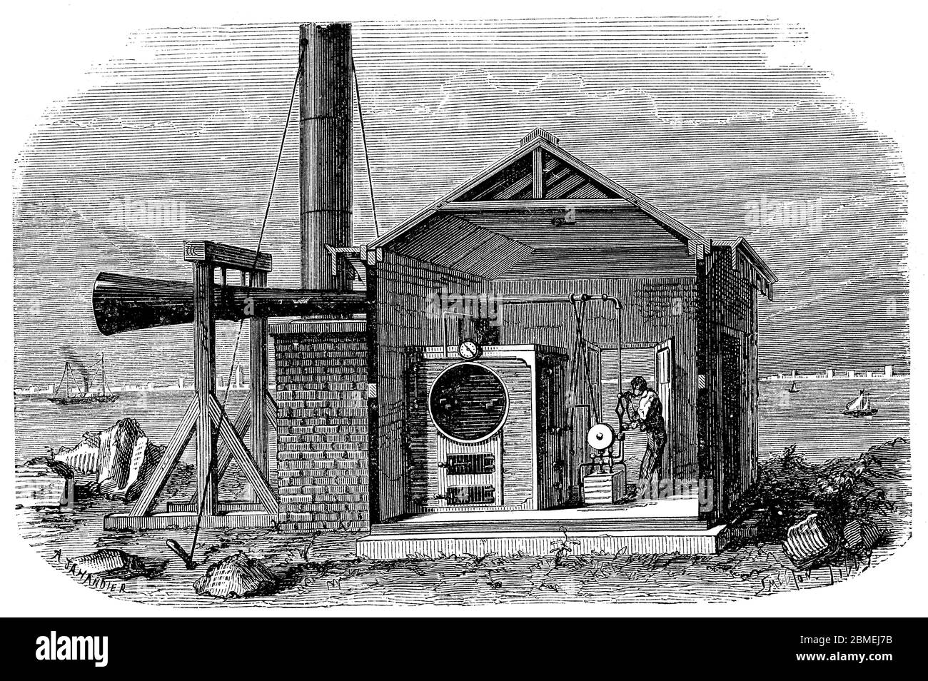 Sirena con funcionamiento a vapor instalada en un puerto marítimo para dar aviso a los navegantes. Grabado de 1892. Stock Photo