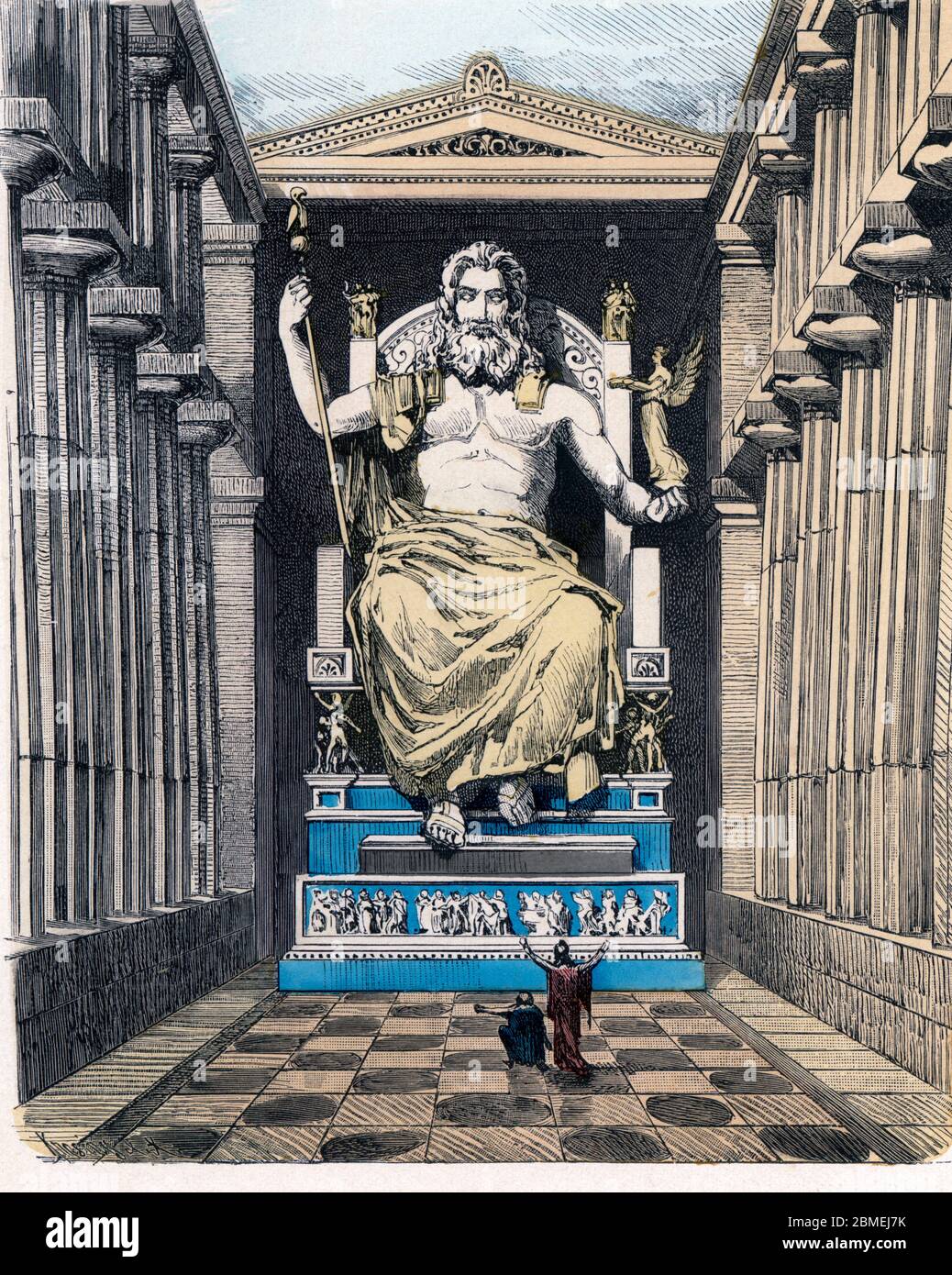 Historia Antigua. Las siete maravillas del mundo antiguo. Estatua y templo de Zeus (Júpiter). Grabado alemán de 1886. Stock Photo