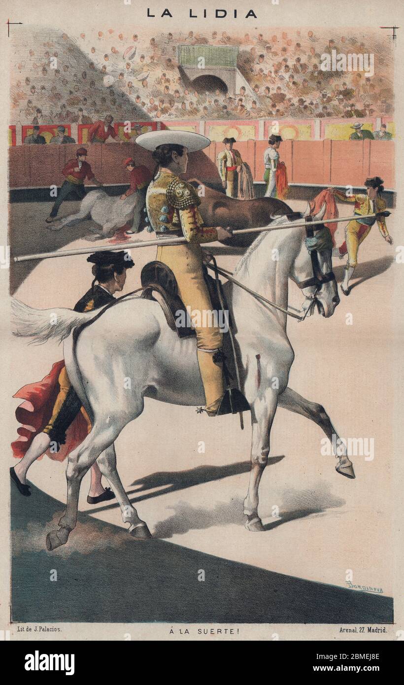 La lidia. A la suerte. El picador se dirige con su caballo hacia el toro para ejecutar la suerte de varas. Año 1886. Stock Photo
