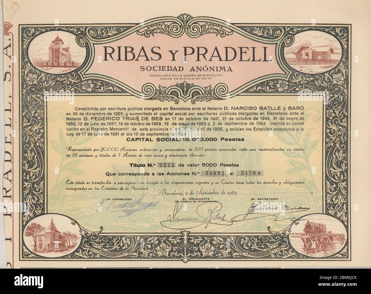 Título de diez acciones de 500 pesetas cada una emitidas por Ribas y Pradell Sociedad Anónima. Barcelona, septiembre de 1964. Stock Photo