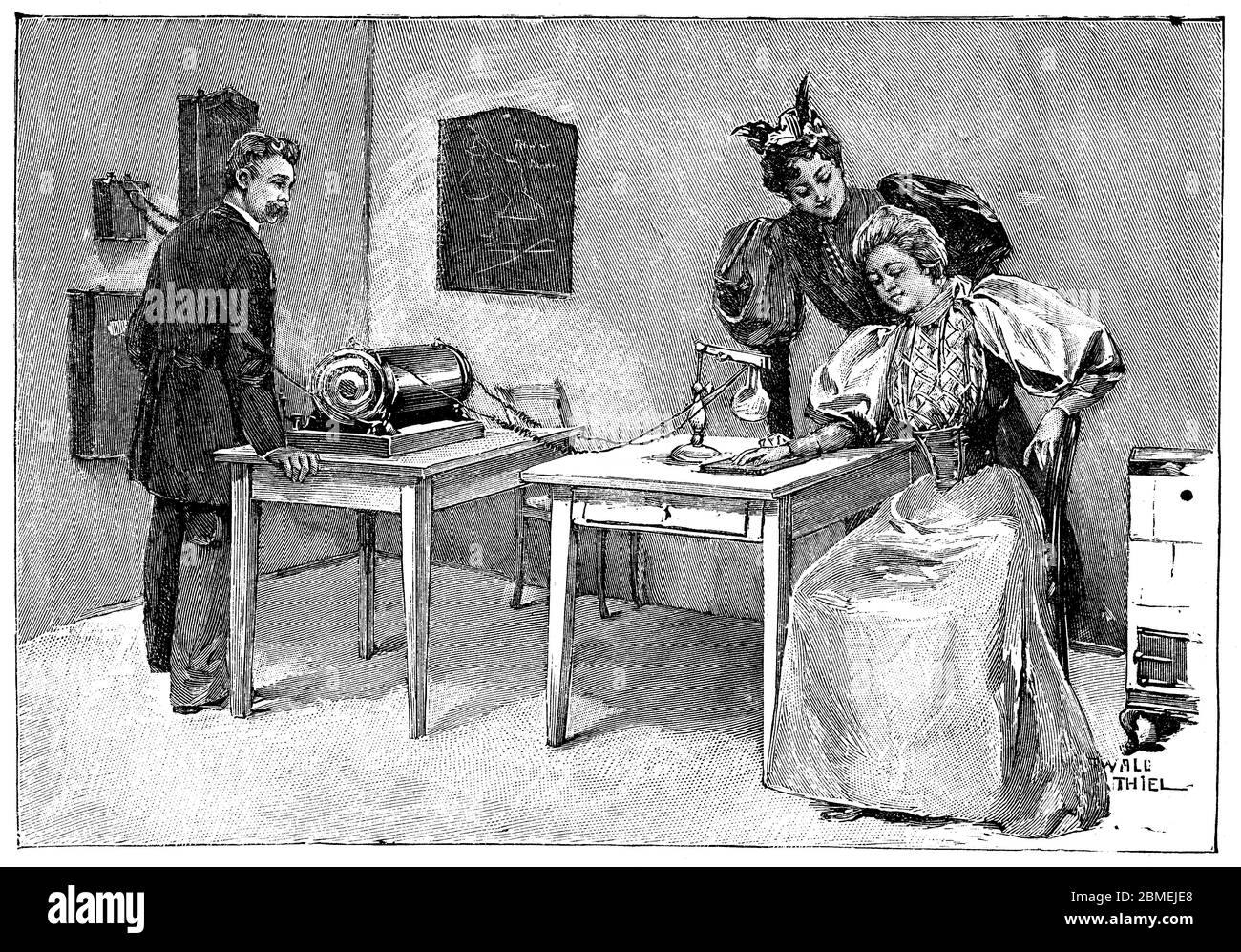 Wilhem Conrad Roetgen (1845-1943), físico y médico alemán, descubridor de los rayos X, efectuando unas pruebas en su laboratorio. Grabado de 1897. Stock Photo