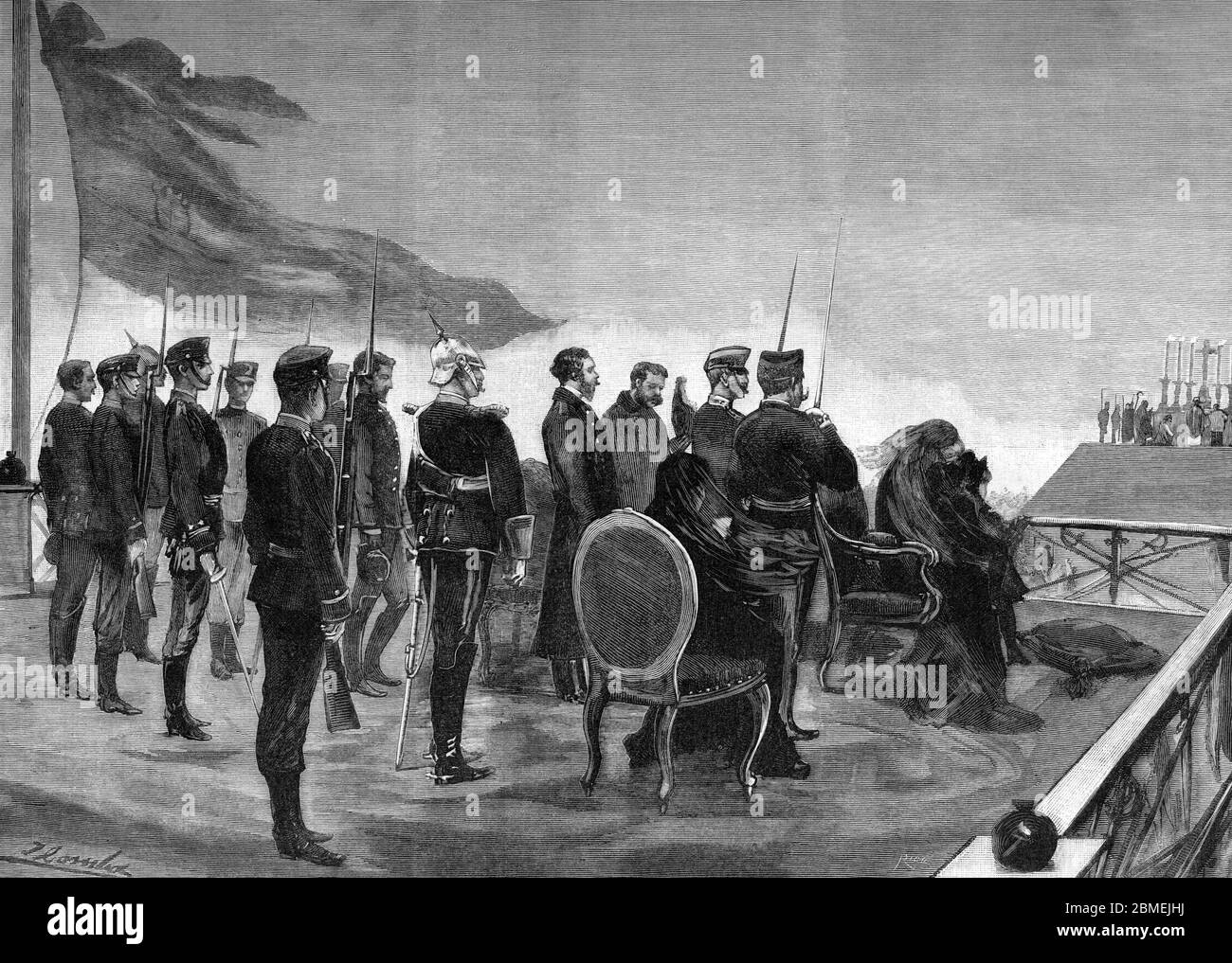 Madrid. Misa de campaña en Carabanchel en memoria de Alfonso XII de Borbón (1857-1885), rey de España. Grabado de 1886. Stock Photo