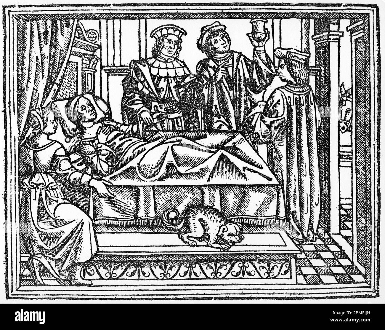 Grupo de médicos atendiendo a una paciente en su lecho. Grabado de 1627 incluído en el tratado de medicina Teoría y práctica en cirugía, de Juan de Vigo (1460-1525), cirujano genovés, médico del papa Julio II. Facsímil. Stock Photo