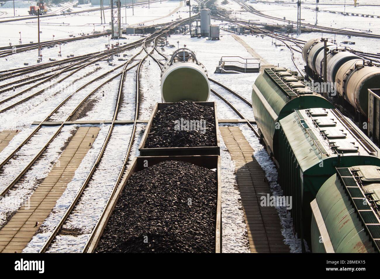 rail cars loaded with coal, a train transports coal. Stock Photo