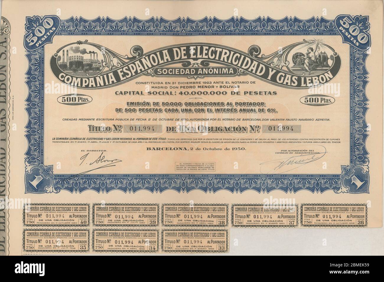 Obligación al portador de 500 pesetas cada una emitida por Compañía Española de Electricidad y Gas Lebon S.A. Barcelona, octubre de 1950. Stock Photo