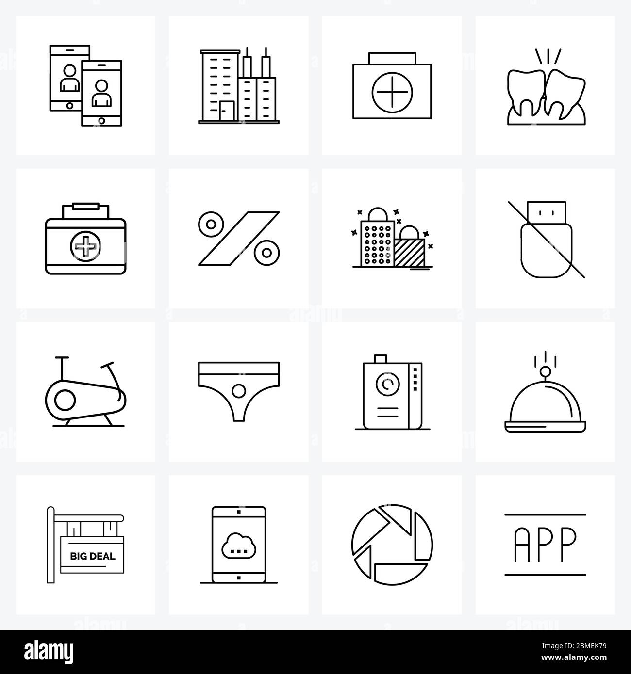 Set of 16 Universal Line Icons of first aid, gum, bag, dentistry, care