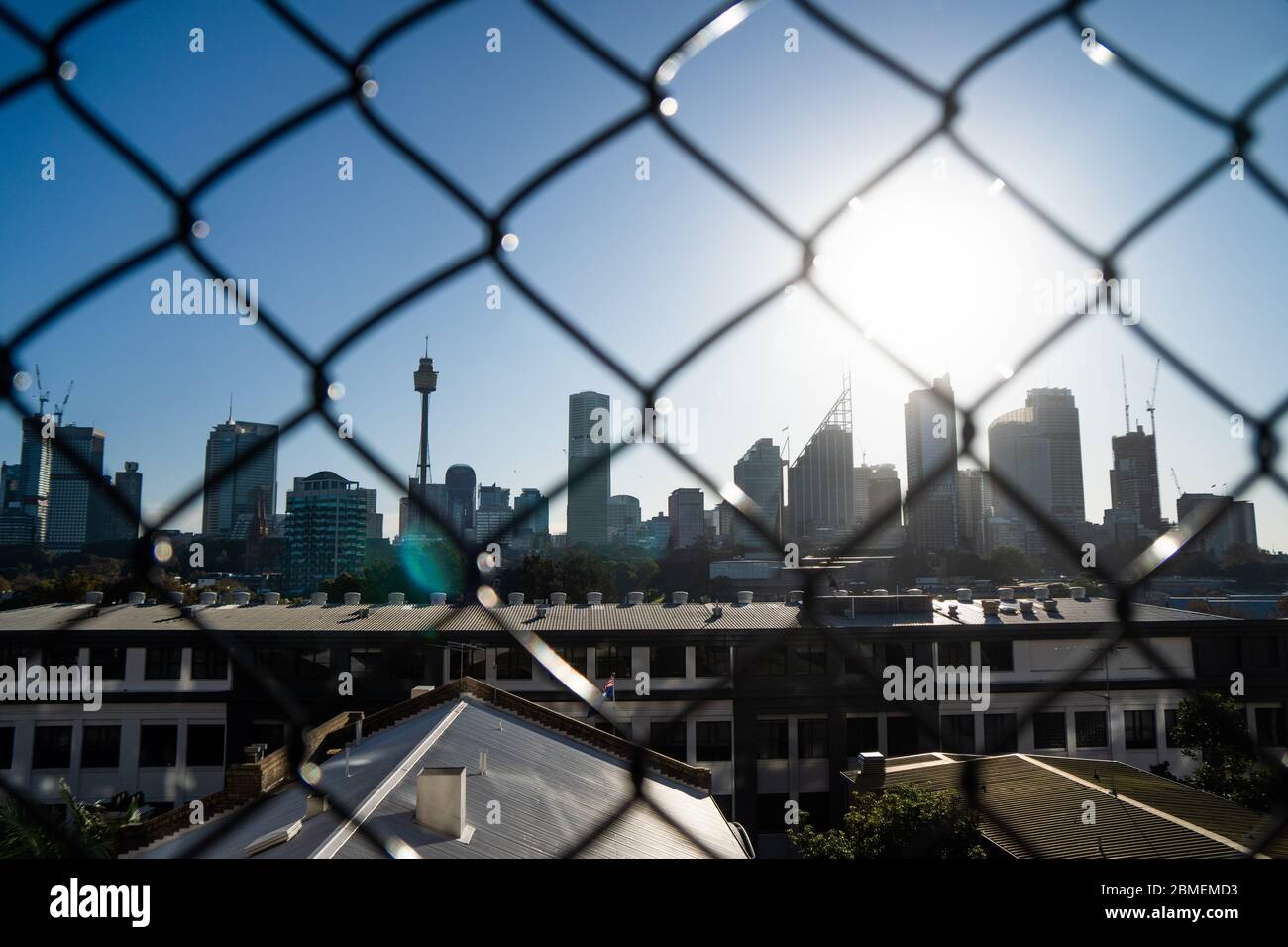 Sydney in lockdown during the Coronavirus.  Pictures shows the Central Business District behind a fence Stock Photo