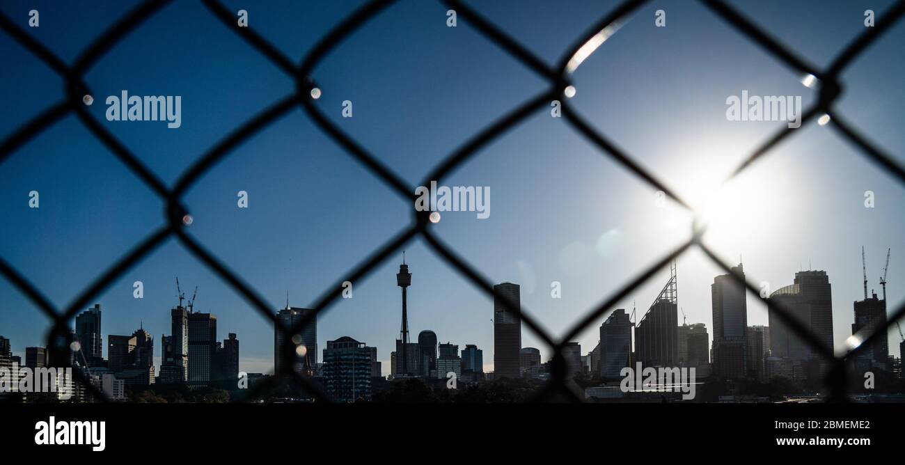 Sydney in lockdown during the Coronavirus.  Pictures shows the Central Business District behind a fence Stock Photo