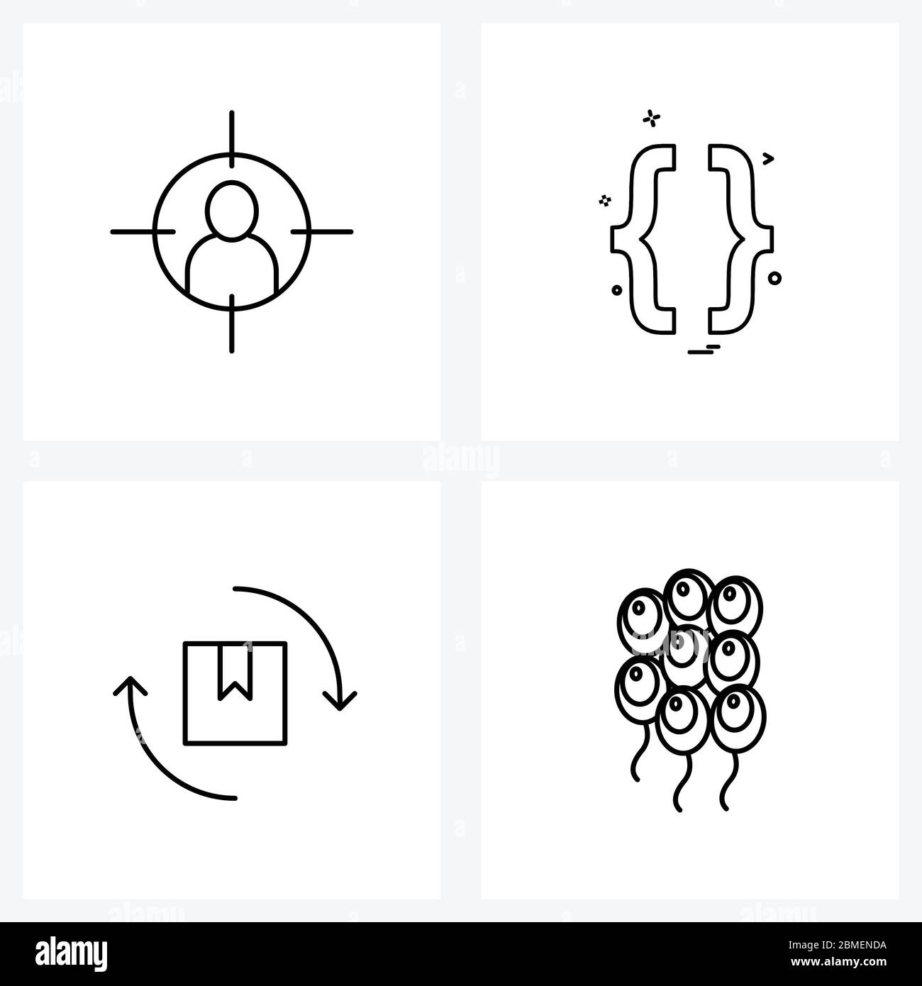 Set of 4 UI Icons and symbols for target, delivery, shoot, code, balloons Vector Illustration Stock Vector