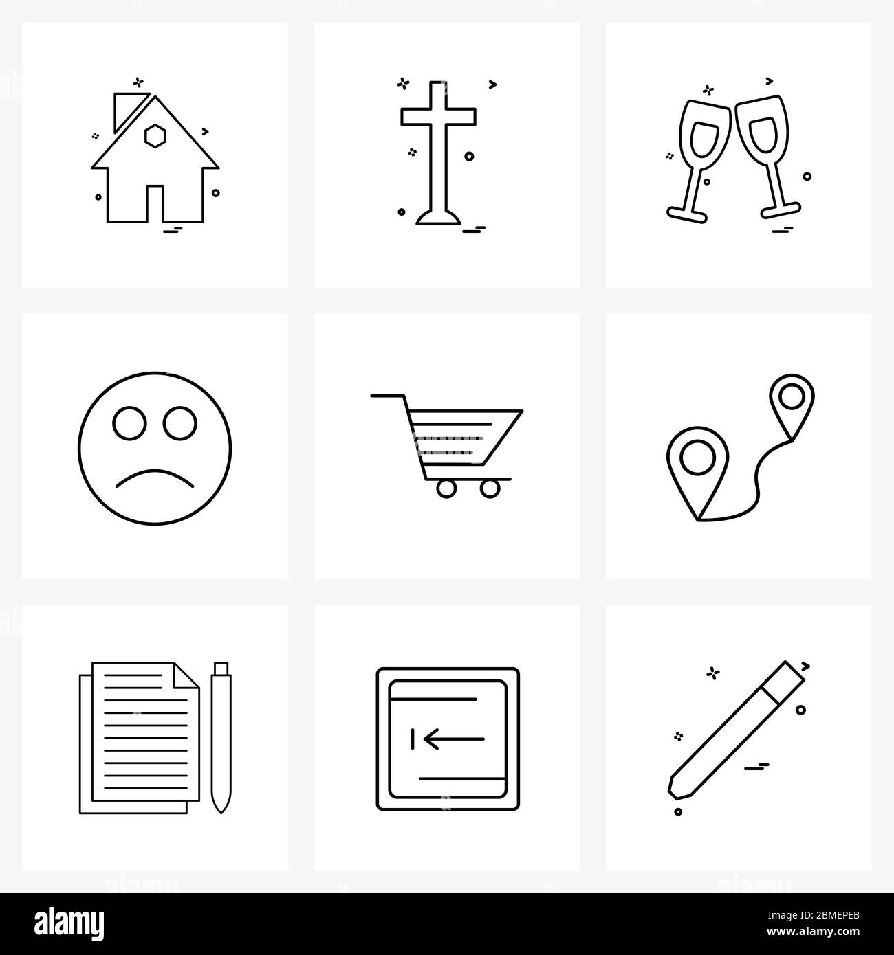 Line Icon Set of 9 Modern Symbols of sad, face, Christian, emote, drink