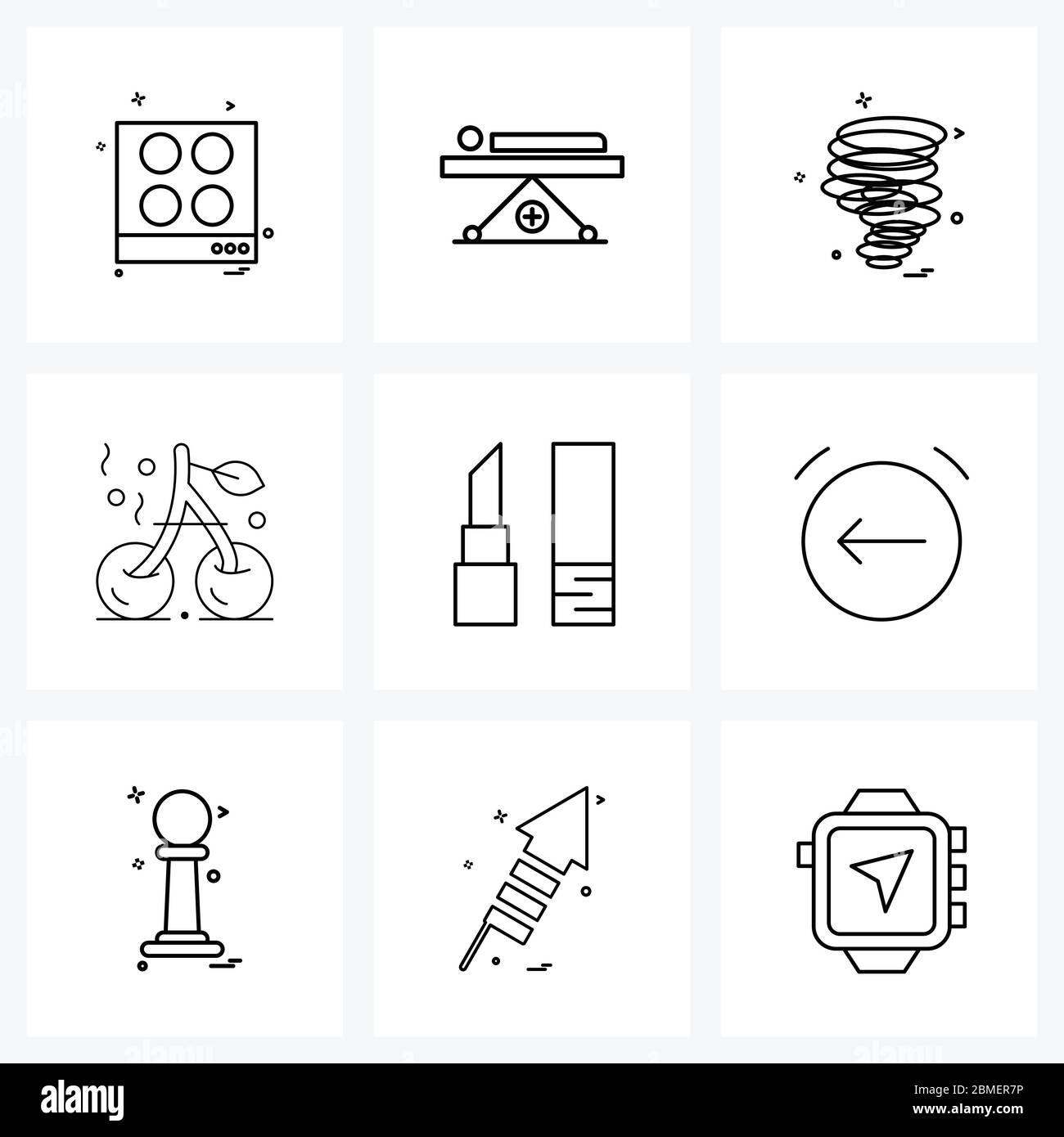 Mobile UI Line Icon Set of 9 Modern Pictograms of clock, lipstick, twister, lady, fruit Vector Illustration Stock Vector