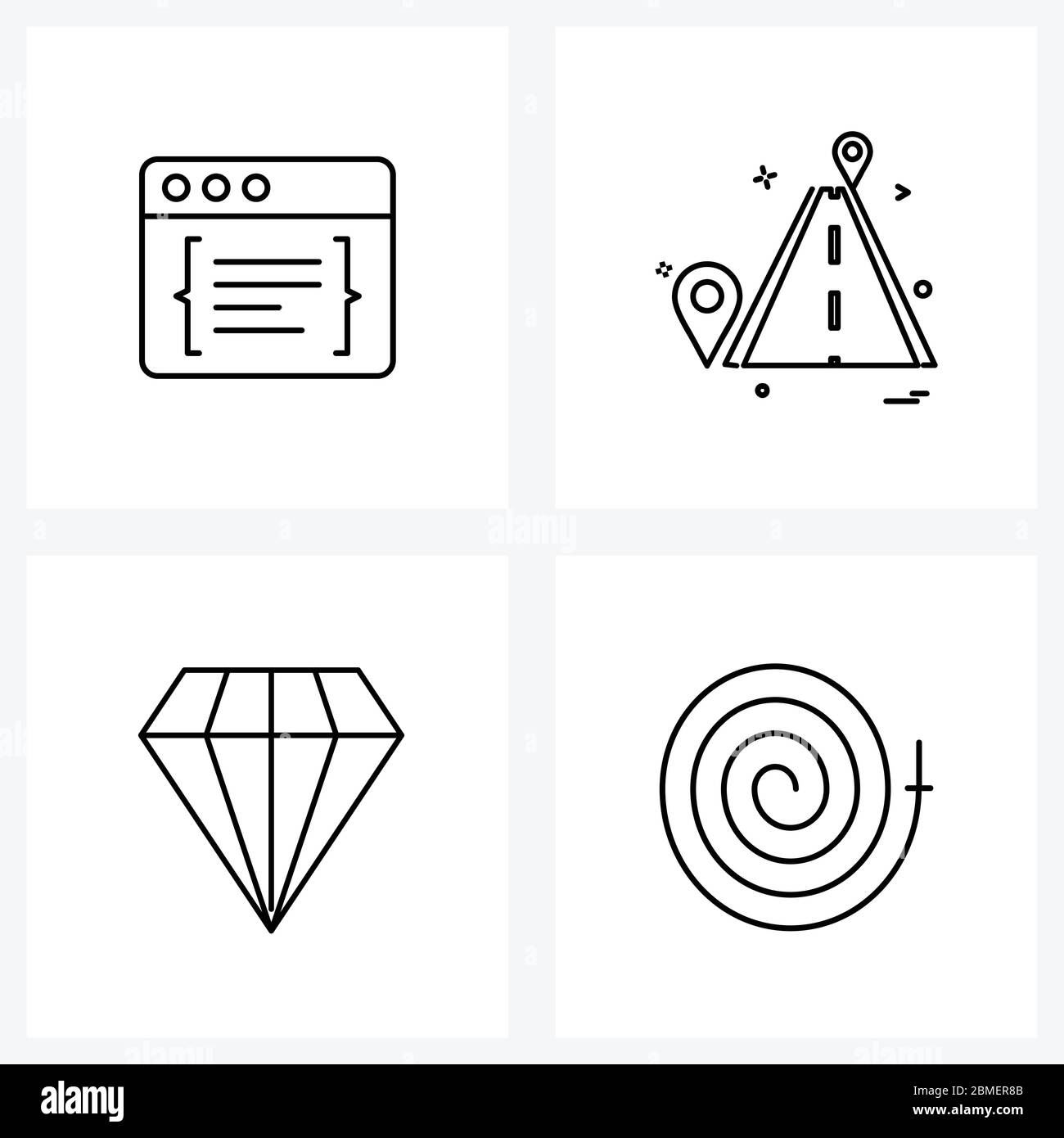 Line Icon Set of 4 Modern Symbols of code, diamond, development, road