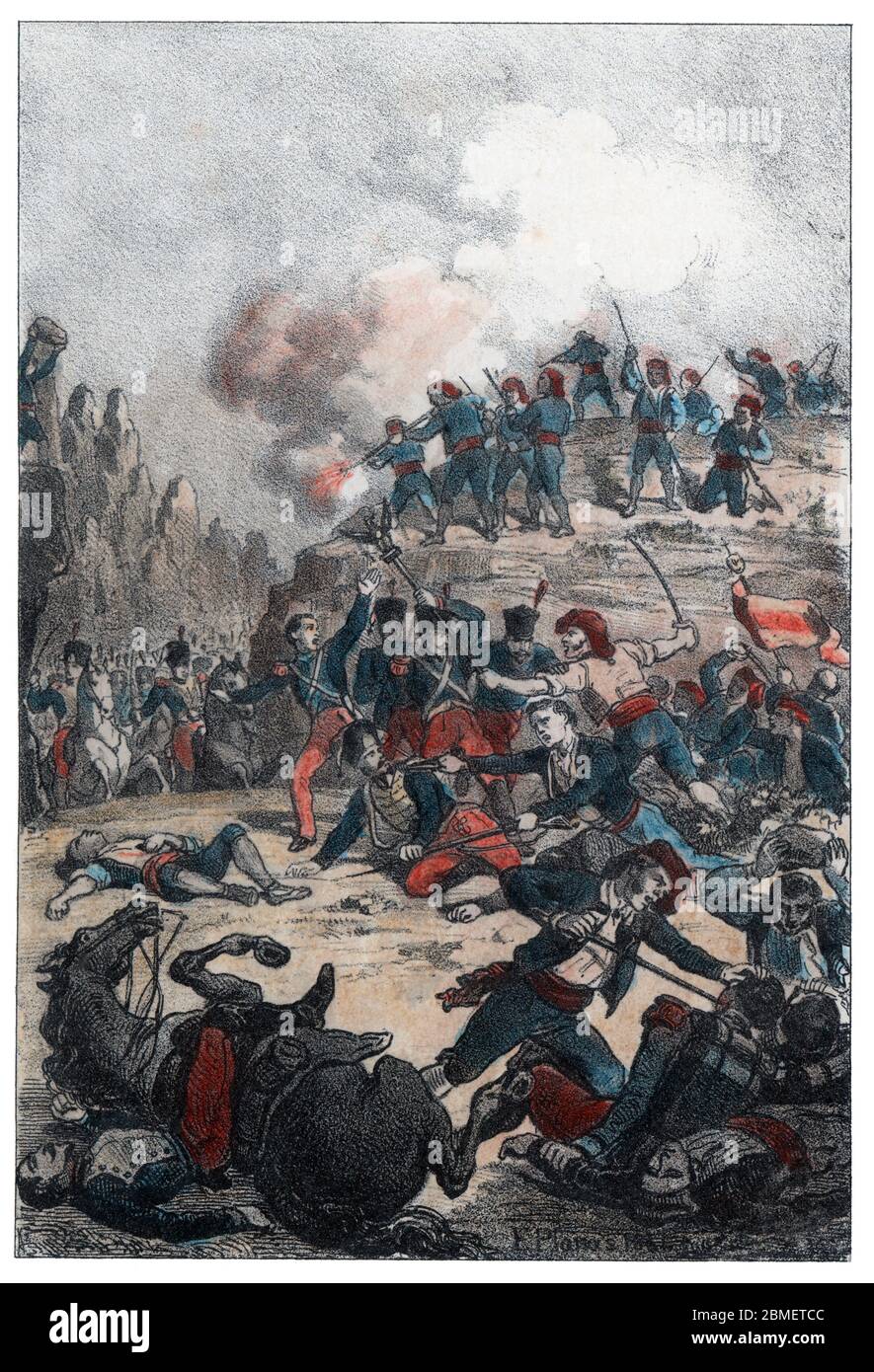 Guerra de la Independencia (1808-1814). Catalunya. Batalla del Bruc que supuso la primera victoria sobre el ejército francés. Grabado de 1861. Author: Eusebi Planas Franquesa. Stock Photo