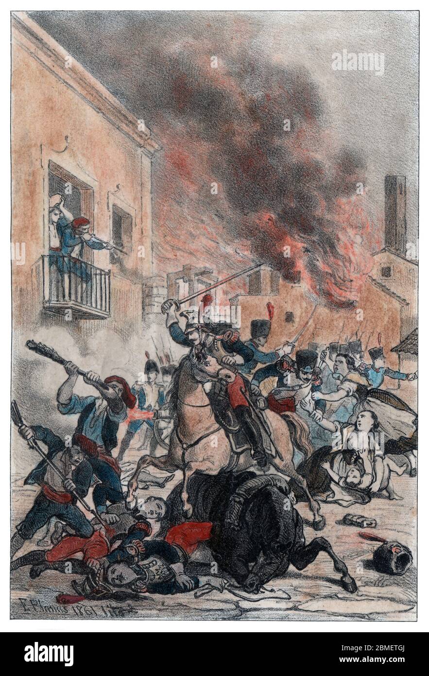 Guerra de la Independencia (1808-1814). Catalunya. Incendio y desastre en Arbós. Grabado de 1861. Author: Eusebi Planas Franquesa. Stock Photo