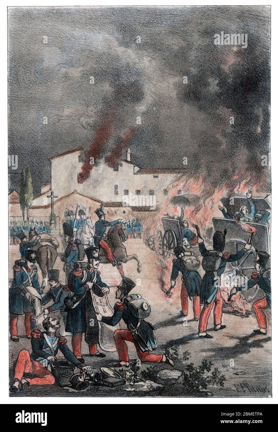 Guerra de la Independencia (1808-1814). Catalunya. El general francés Guillaume Philibert Duhesme (1766-1815) en retirada ordena la quema de carros de heridos en Calella. Grabado de 1861. Author: Eusebi Planas Franquesa. Stock Photo