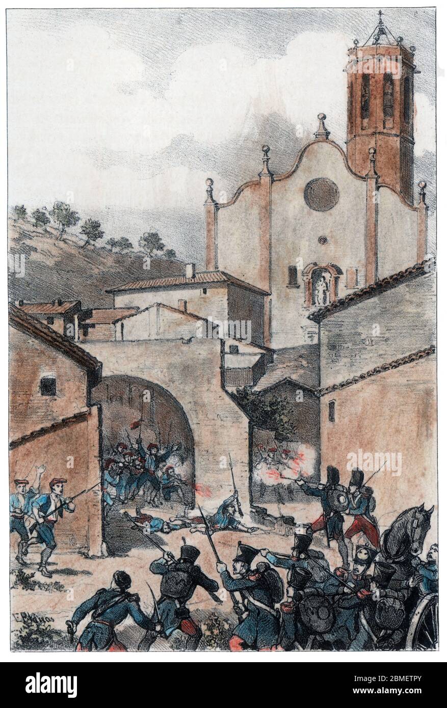 Guerra de la Independencia (1808-1814). Catalunya. Tropas catalanas rechazan el ataque de las tropas francesas a la localidad de Sant Boi de Llobregat en julio de 1808. Grabado de 1861. Author: Eusebi Planas Franquesa. Stock Photo