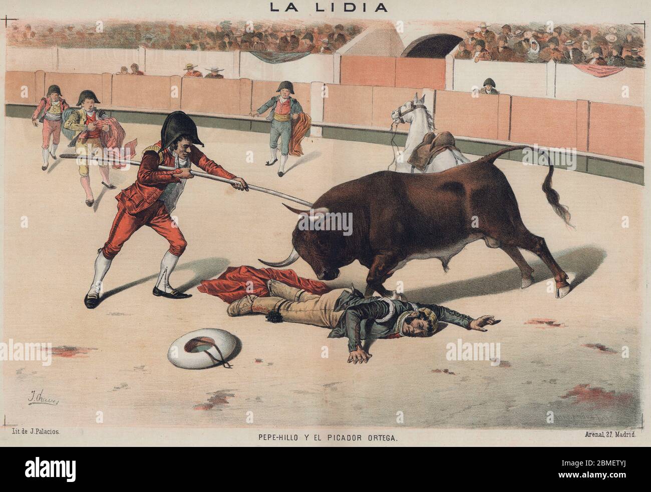 La lidia. José Delgado Guerra (1754-1801), Pepe-Hillo, caído en la arena a los pies del toro, defendido por el picador Ortega. Año 1886. Stock Photo
