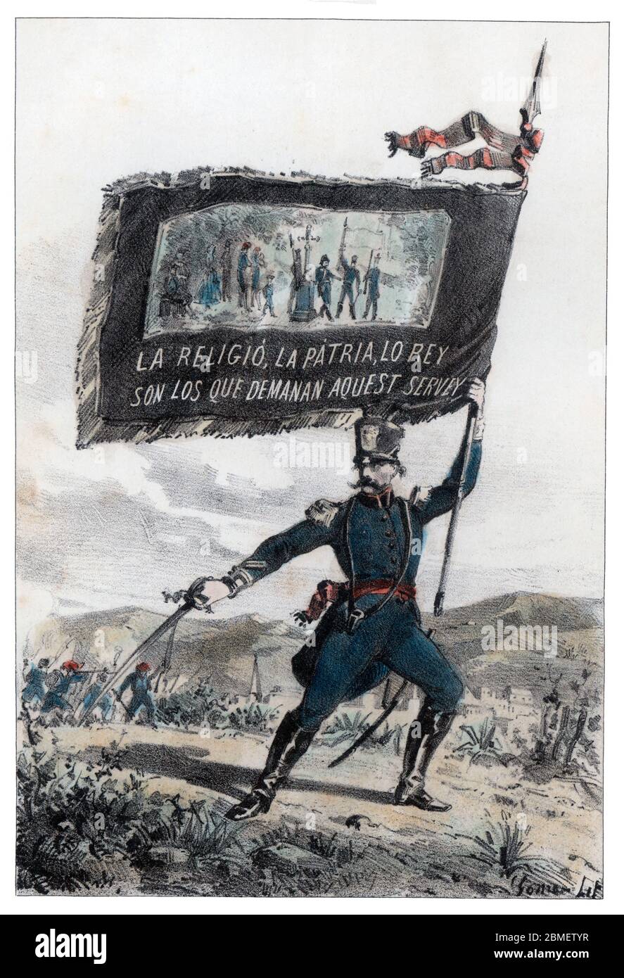 Guerra de la Independencia (1808-1814). Catalunya. Bandera del batallón de Almogávares. Grabado de 1861. Stock Photo