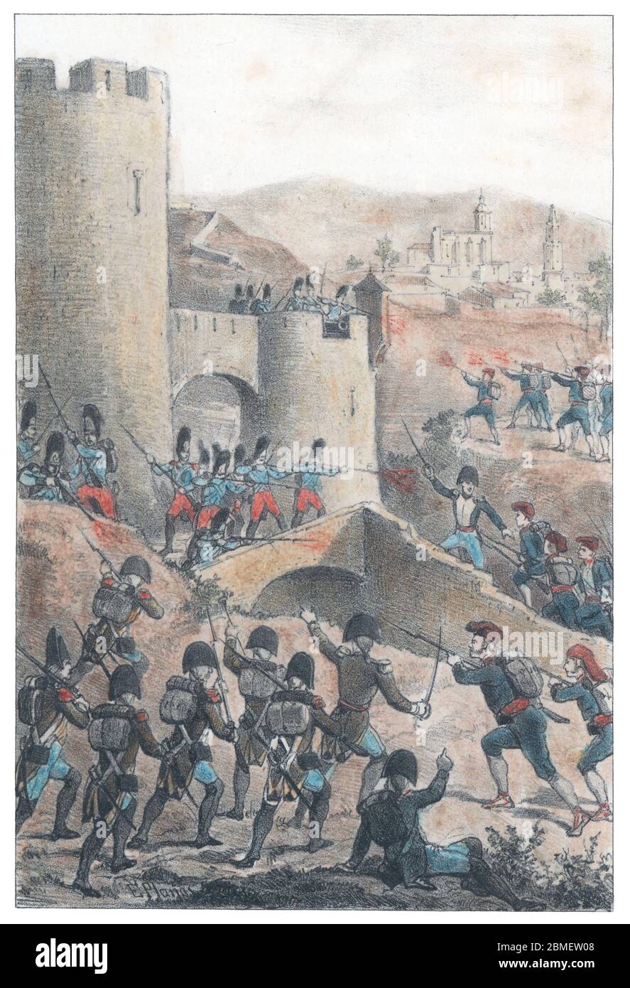 Guerra de la Independencia (1808-1814). Catalunya. Asalto a la bayoneta de la Torre de San Luis desalojando a los franceses que sitian Girona. Grabado de 1861. Author: Eusebi Planas Franquesa. Stock Photo