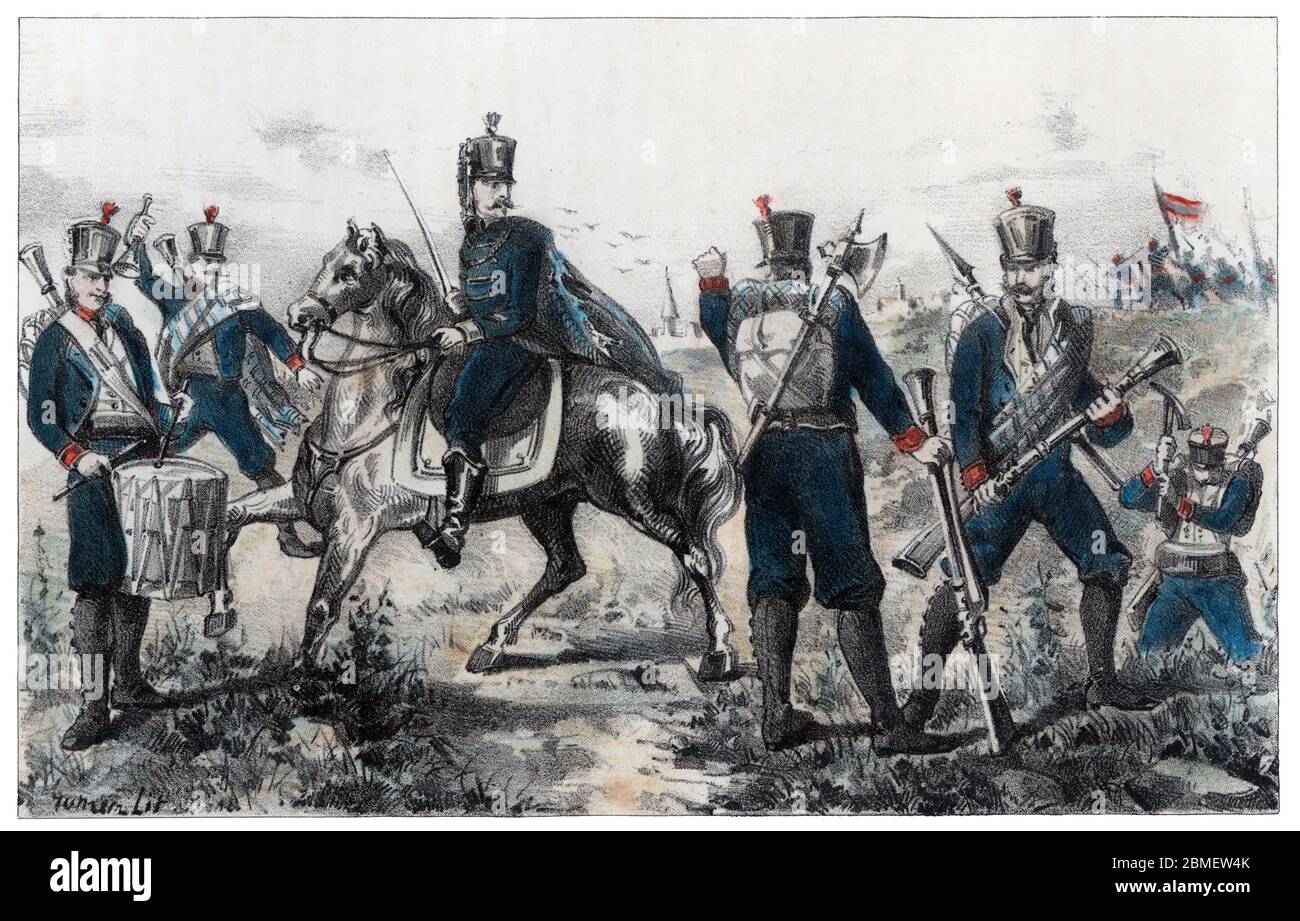 Guerra de la Independencia (1808-1814). Catalunya. Infantería y caballería del batallón de Almogávares. Grabado de 1861. Stock Photo