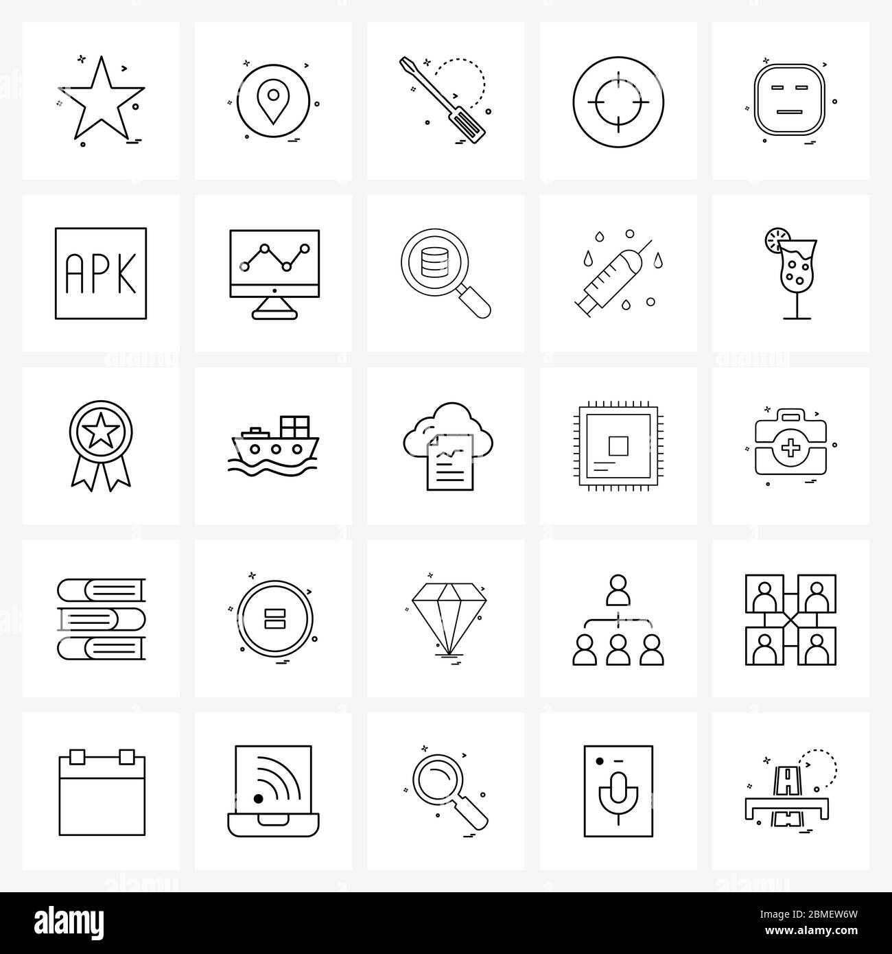 Pack of 25 Universal Line Icons for  Applications emote, aim