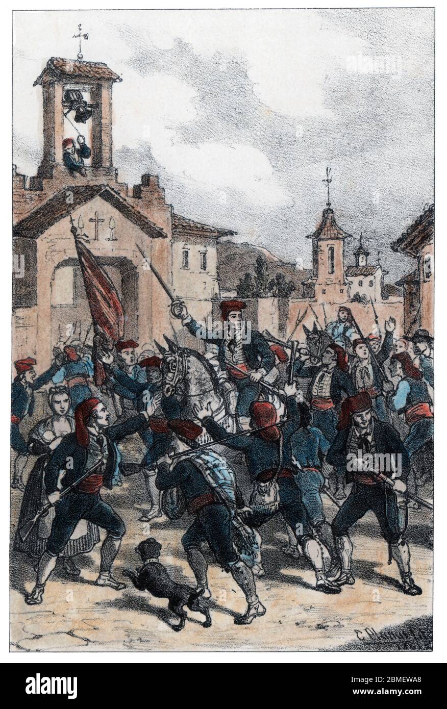 Guerra de la Independencia (1808-1814). Catalunya. Tropas catalanas de la población de Igualada armándose para la batalla del Bruc. Grabado de 1861. Author: Eusebi Planas Franquesa. Stock Photo