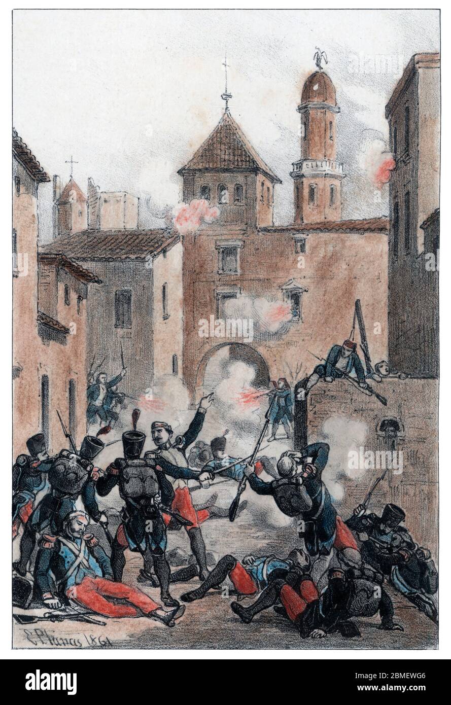 Guerra de la Independencia (1808-1814). Catalunya. Heróica resistencia en el Vendrell. Grabado de 1861. Author: Eusebi Planas Franquesa. Stock Photo