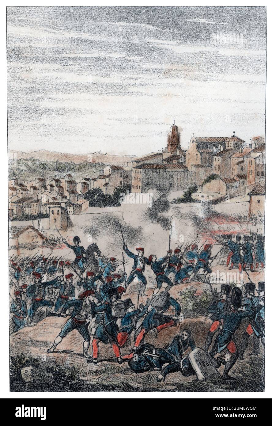 Guerra de la Independencia (1808-1814). Catalunya. Entrada en Cervera de las tropas catalanas al mando de Joaquín lbáñez Cuevas Valones (1794-1825), barón de Eroles, rindiendo y haciendo prisioneros a las tropas francesas atrincheradas en el edificio de la Universidad, en octubre de 1811. Grabado de 1861. Author: Eusebi Planas Franquesa. Stock Photo
