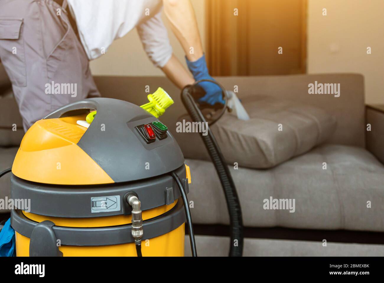 Dry cleaner's man employee removing dirt from furniture in flat