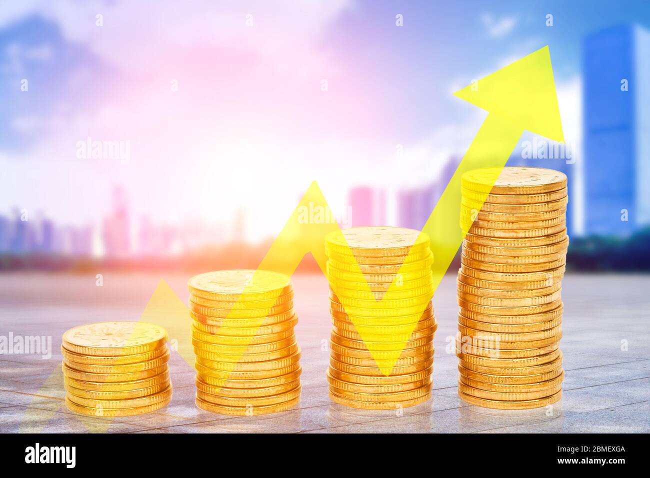 Creative illustration of folded gold coins and bokeh city financial center background, financial concept. Stock Photo
