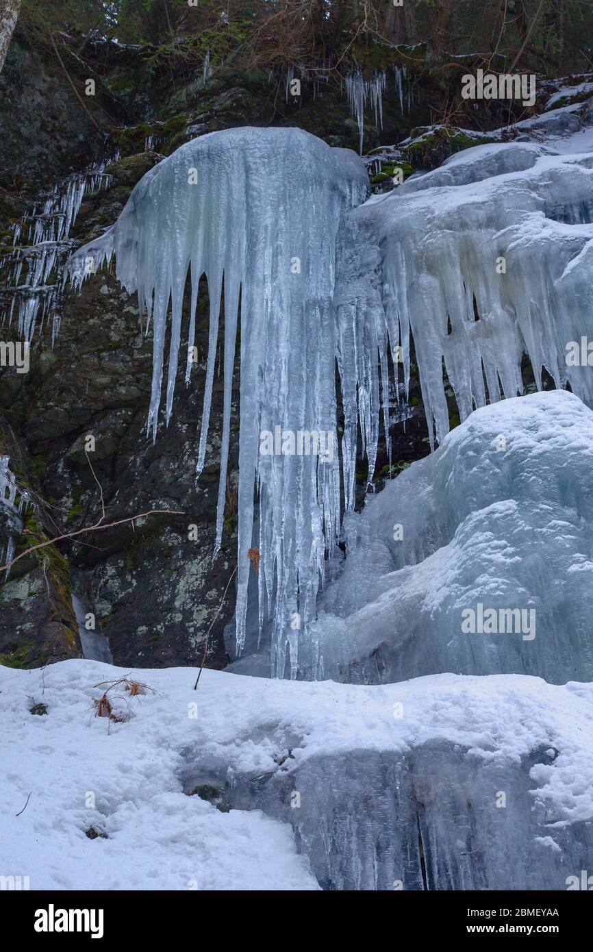 Frozen waterfall in the deep spruce forest in Poľana mountains ...