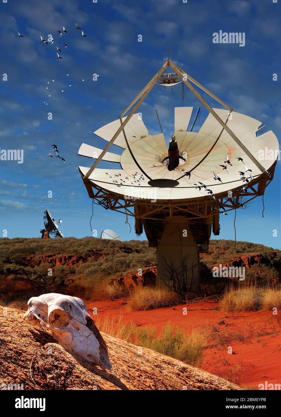 Post apocalyptic landscape. Abandoned, rusting space tracking station in a desert. Abandoned city in background, bleached animal skull in foreground. Stock Photo