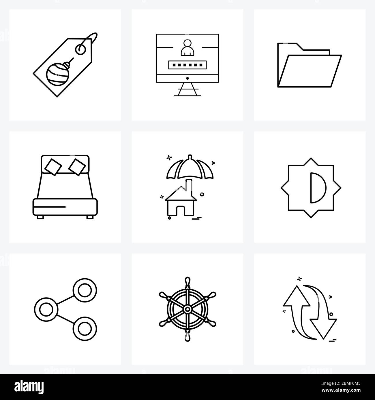 Universal Symbols of 9 Modern Line Icons of house, home, files, furniture, bedroom Vector Illustration Stock Vector