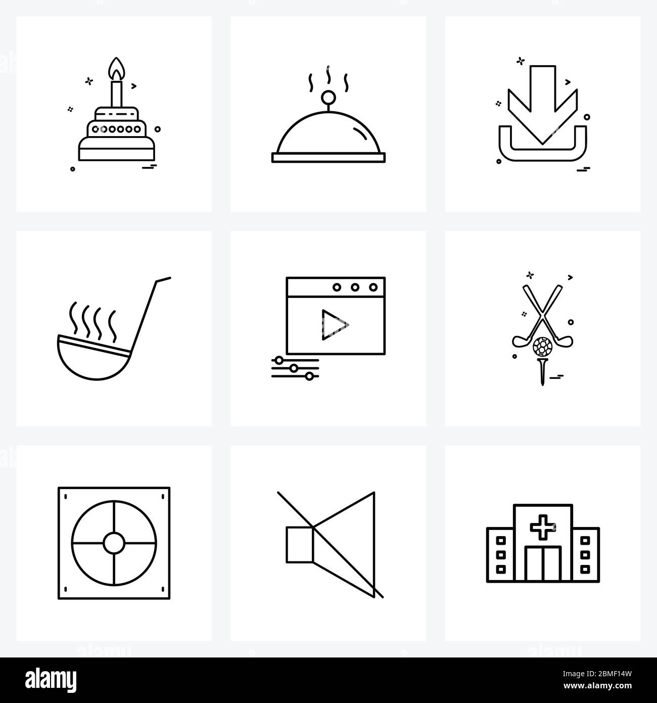 Universal Symbols of 9 Modern Line Icons of play, meal, arrows, drink, soup Vector Illustration Stock Vector