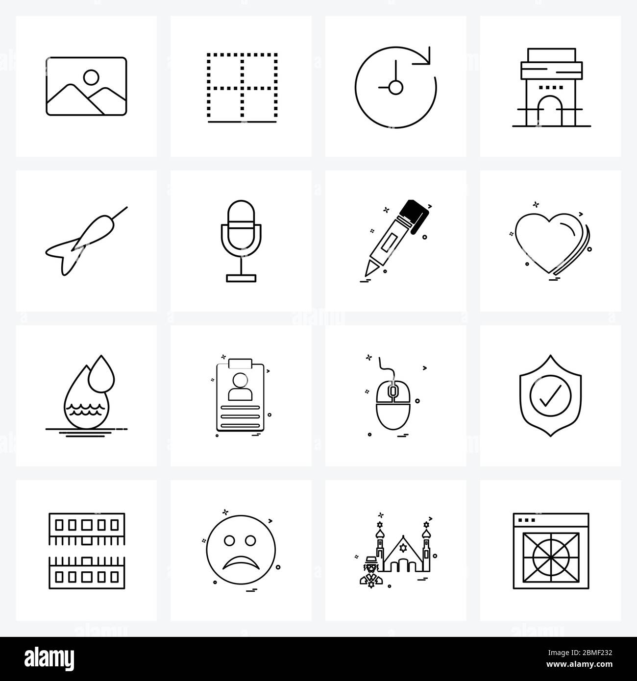 Set Of 16 Modern Line Icons Of Microphone Dart Game Time Dart